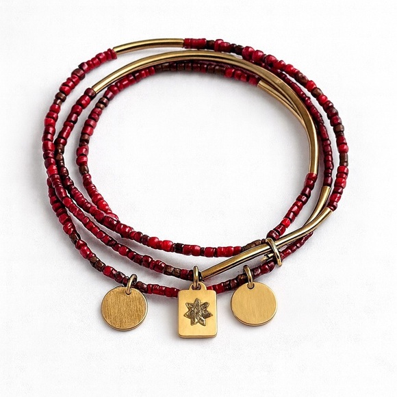 Zara Jewelry - ⚜️❤️‍🔥 Elegant Red and Gold Beaded Stretch Bracelet Set 💫